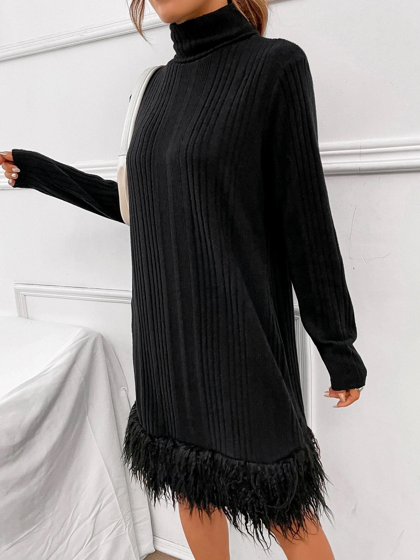 CM-DS758469 Women Elegant Seoul Style Turtleneck Fuzzy Hem Tee Dress - Black