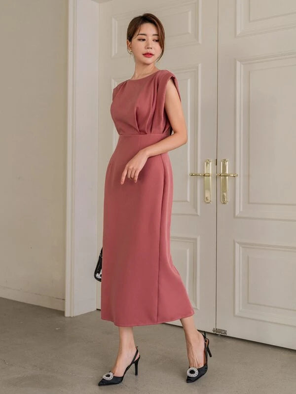 CM-DS061110 Women Elegant Seoul Style Sleeveless Zip Back Slit Hem Dress - Rusty Rose
