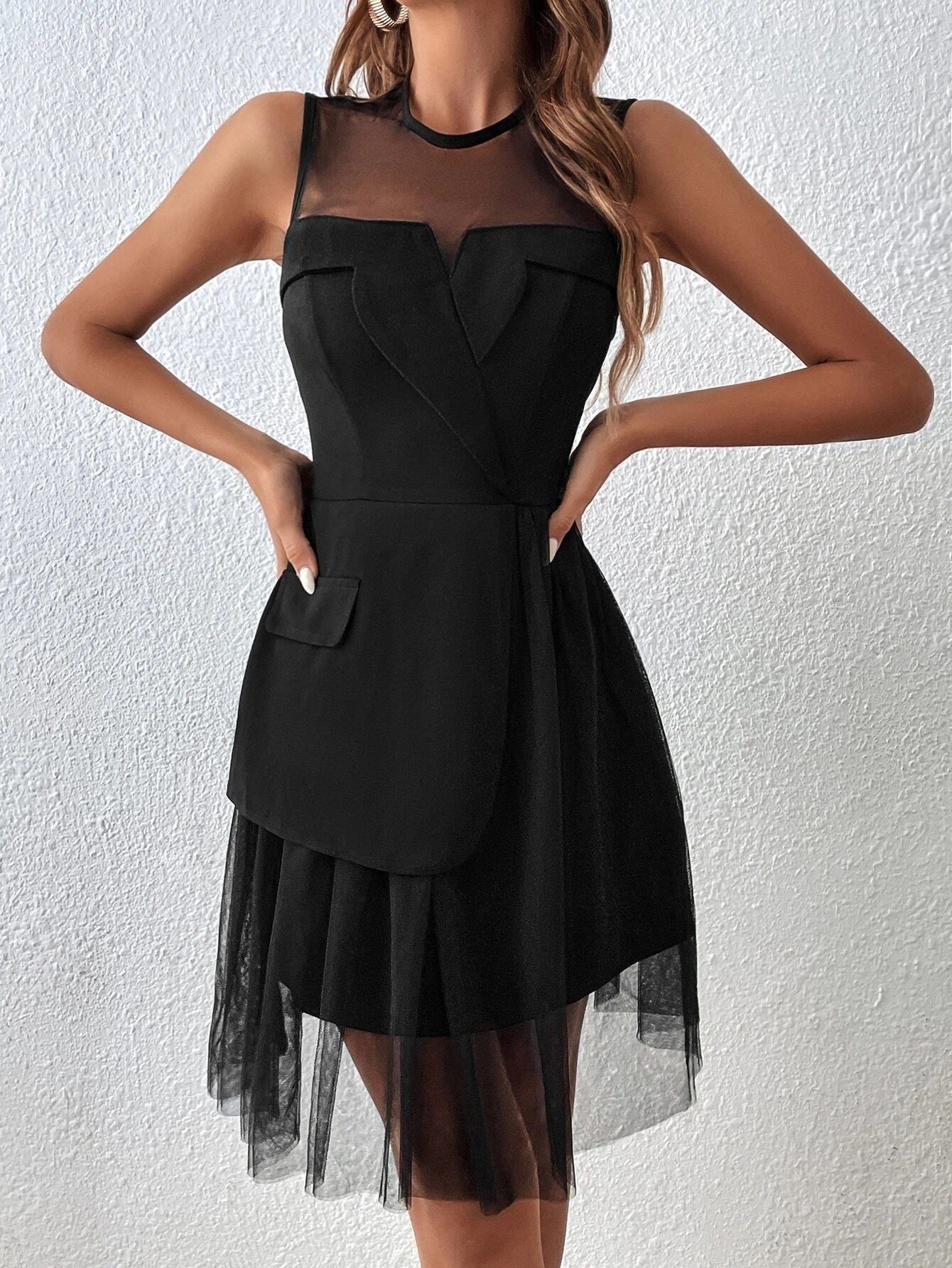 CM-DS193241 Women Elegant Seoul Style Contrast Mesh Ruffle Hem Dress - Black