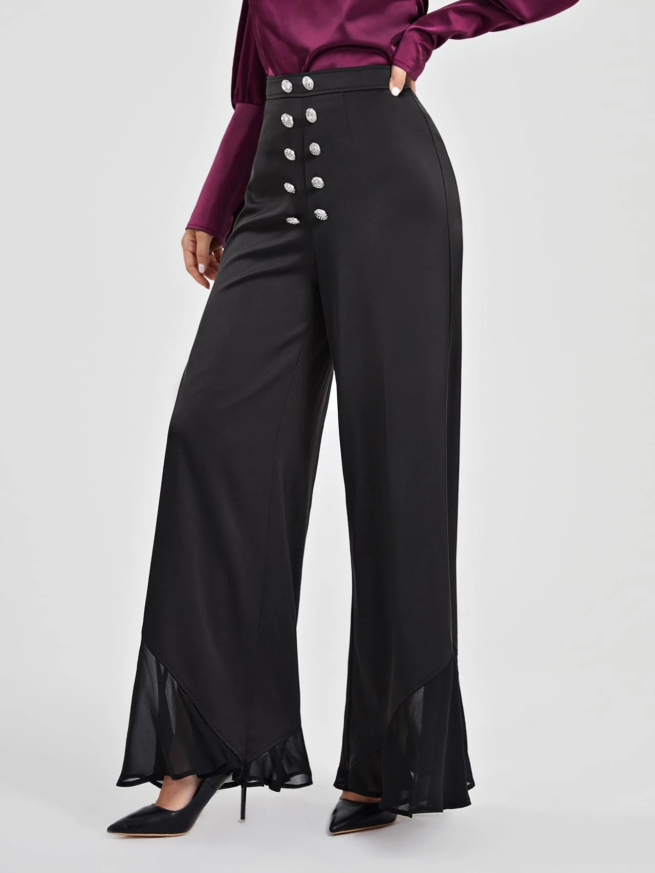 CM-BS065056 Women Elegant Seoul Style Double Button Front Wide Leg Pants - Black