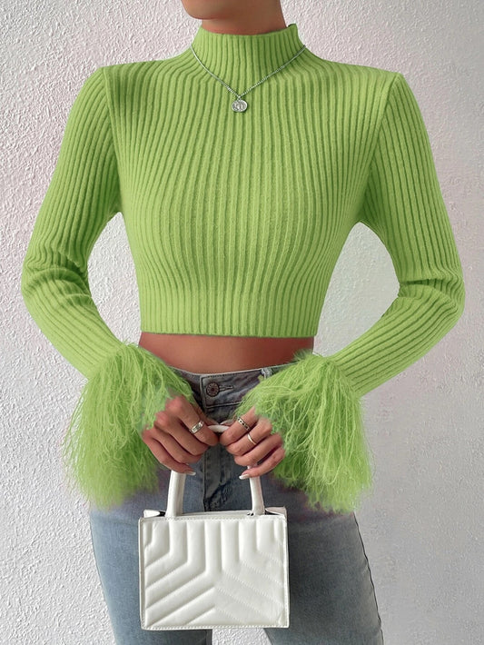 CM-CS378661 Women Casual Seoul Style Mock Neck Fuzzy Cuff Crop Sweater - Green