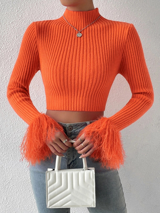 CM-CS838908 Women Casual Seoul Style Mock Neck Fuzzy Cuff Crop Sweater - Orange