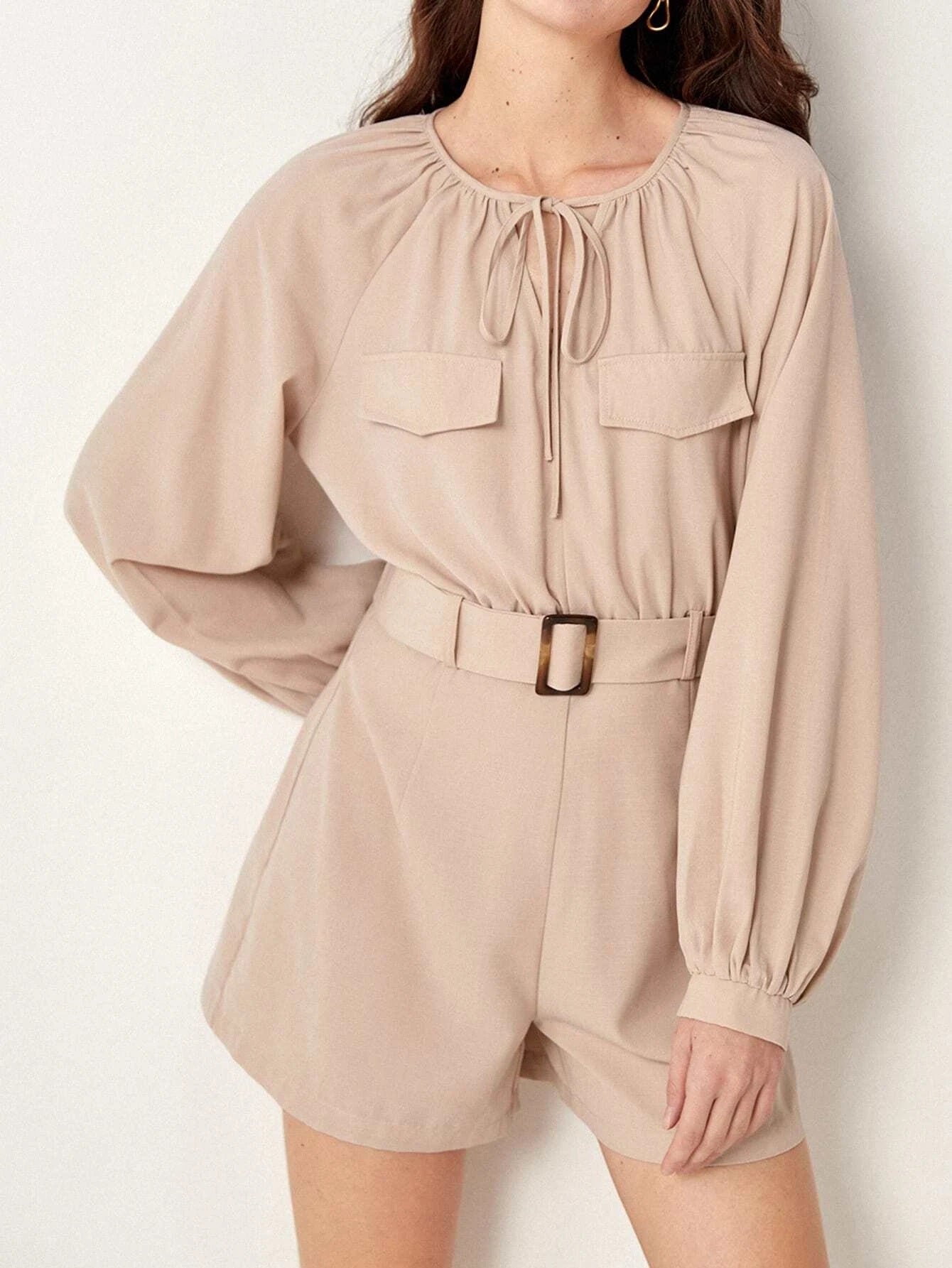 CM-JS759153 Women Casual Seoul Style Long Sleeve Tie Neck Flap Detail Belted Romper - Apricot