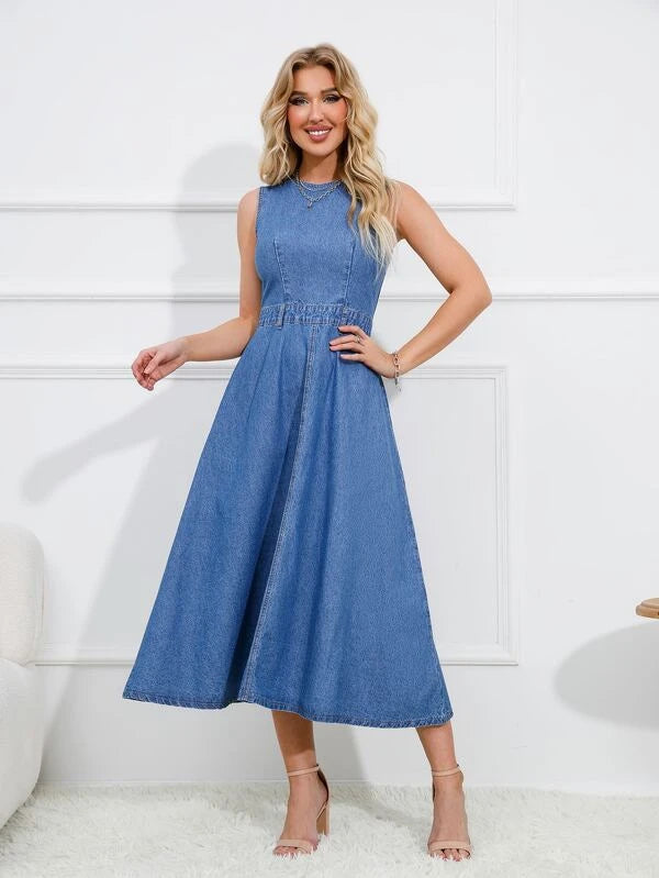 CM-DS653170 Women Elegant Seoul Style Round Neck Sleeveless Zip Back Denim Dress