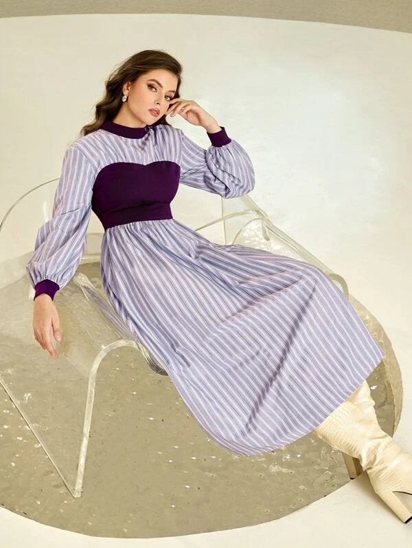 CM-DS671242 Women Casual Seoul Style Striped Mock Neck Lantern Sleeve Dress - Purple