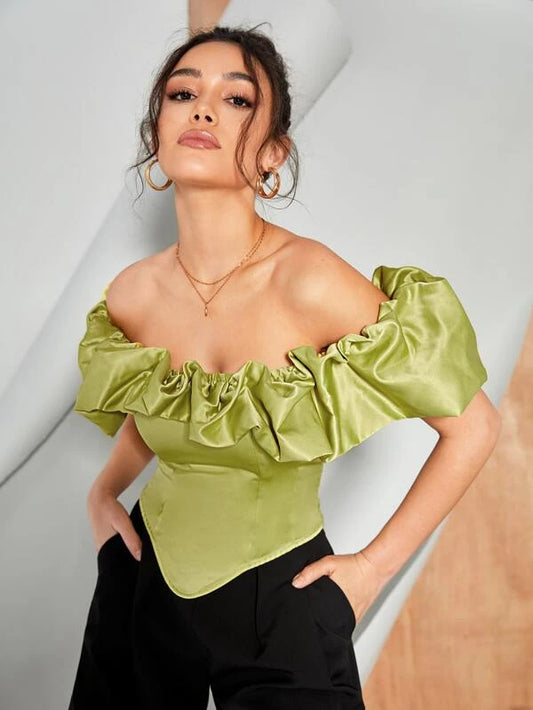 CM-TS761361 Women Elegant Seoul Style Off Shoulder Asymmetrical Hem Top - Lime Green