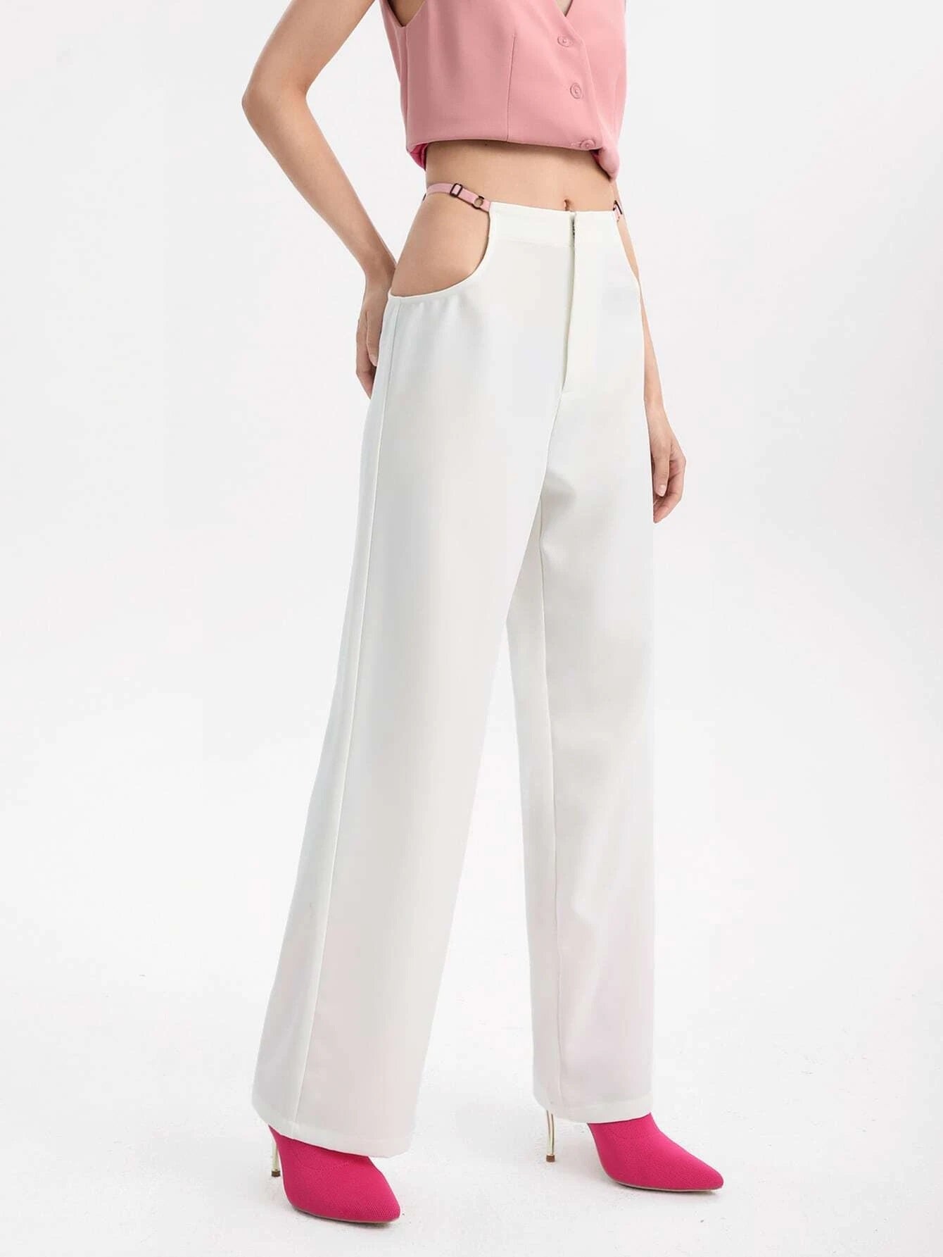 CM-BS139161 Women Casual Seoul Style Cut Out Waist Wide Leg Pants - White