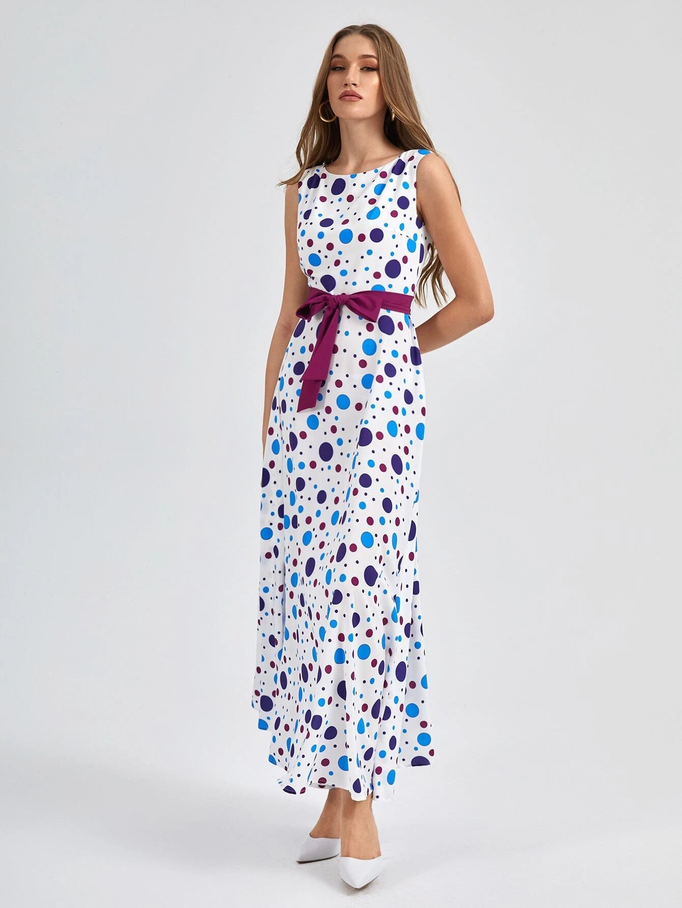 CM-DS833543 Women Elegant Seoul Style Sleeveless Polka Dot Belted A-Line Dress