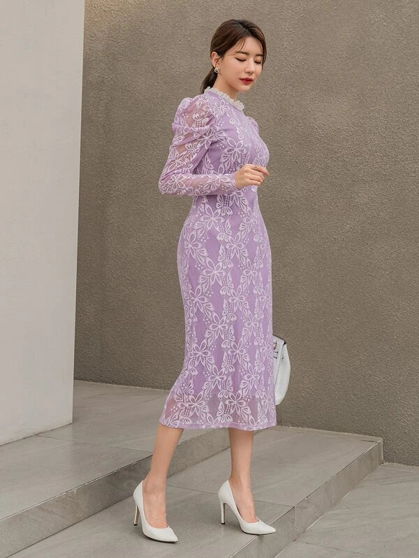 CM-DS422083 Women Elegant Seoul Style Frill Mock Neck Gigot Sleeve Lace Dress