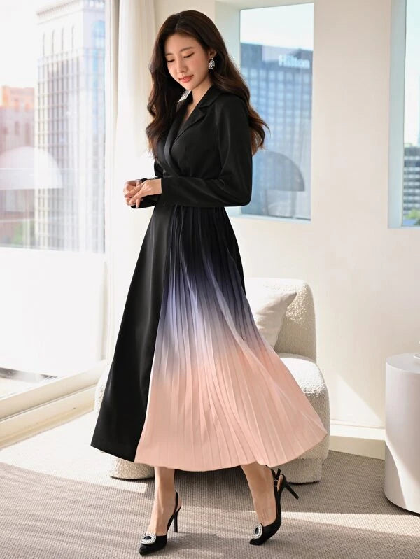 CM-DS181110 Women Elegant Seoul Style Colorblock Lapel Collar Pleated Hem Belted Dress