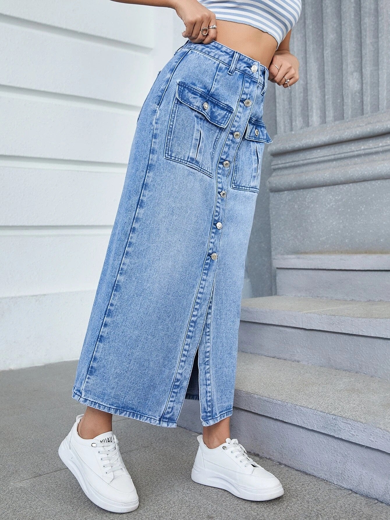 CM-BS795112 Women Casual Seoul Style Medium Wash Button Front Flap Pocket Denim Skirt