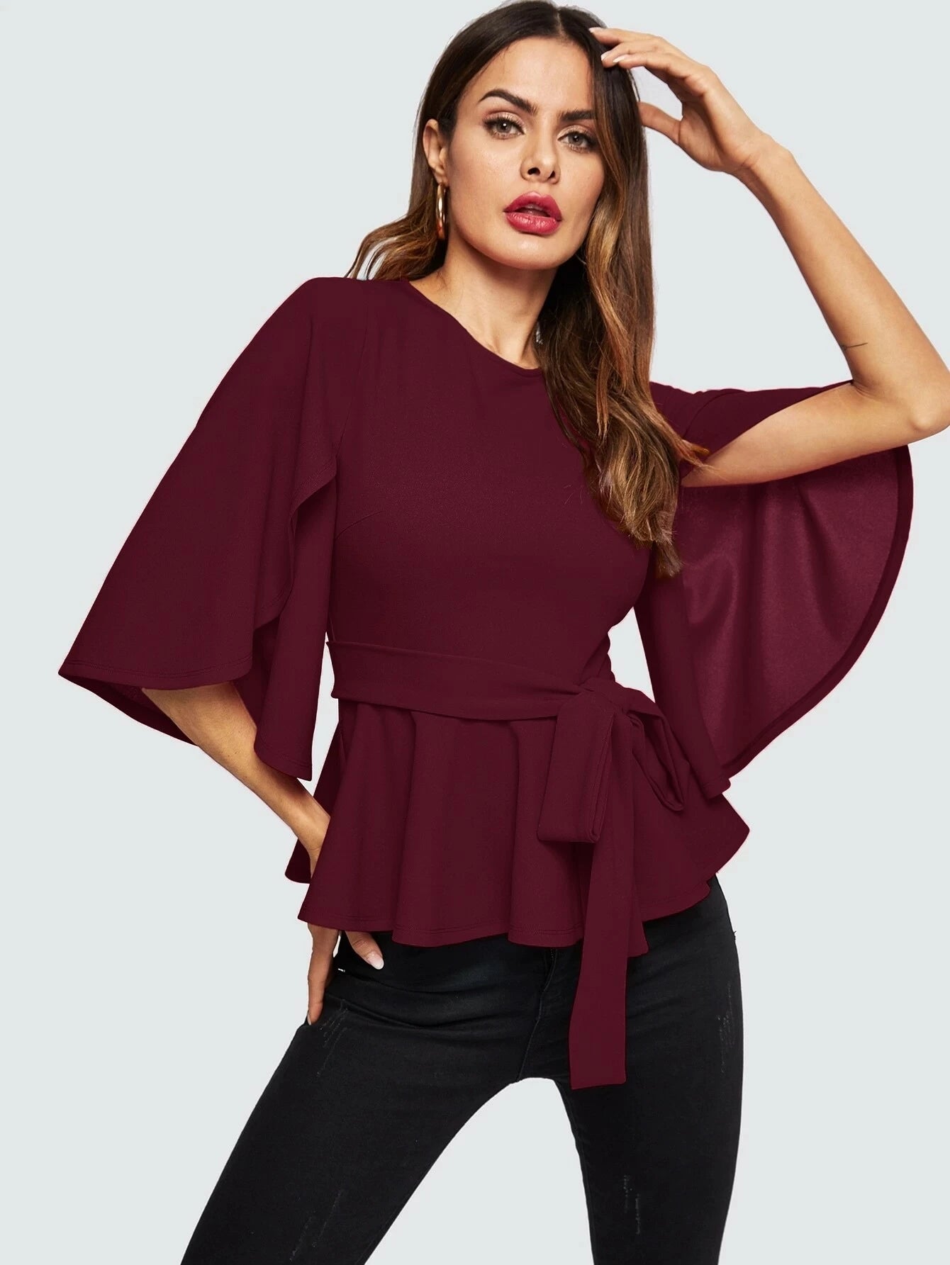 CM-TS823564 Women Casual Seoul Style Split Sleeve Belted Peplum Top - Burgundy