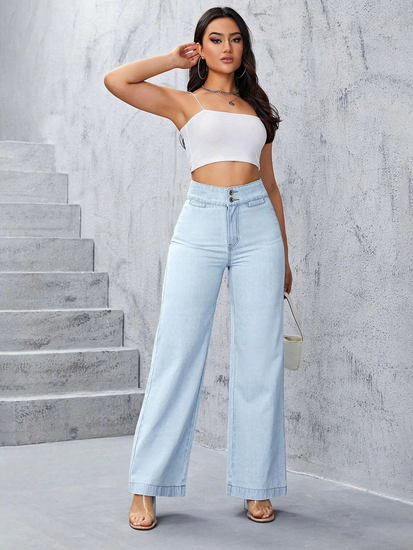 CM-BS791499 Women Preppy Seoul Style Light Wash High Waist Wide Leg Jeans