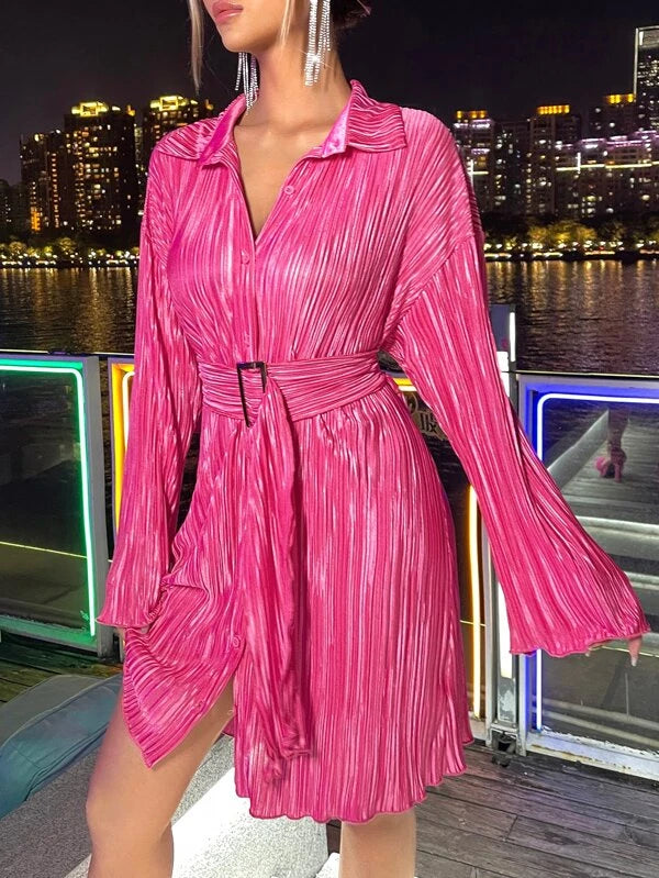 CM-DS384177 Women Elegant Seoul Style Drop Shoulder Belted Shirt Dress