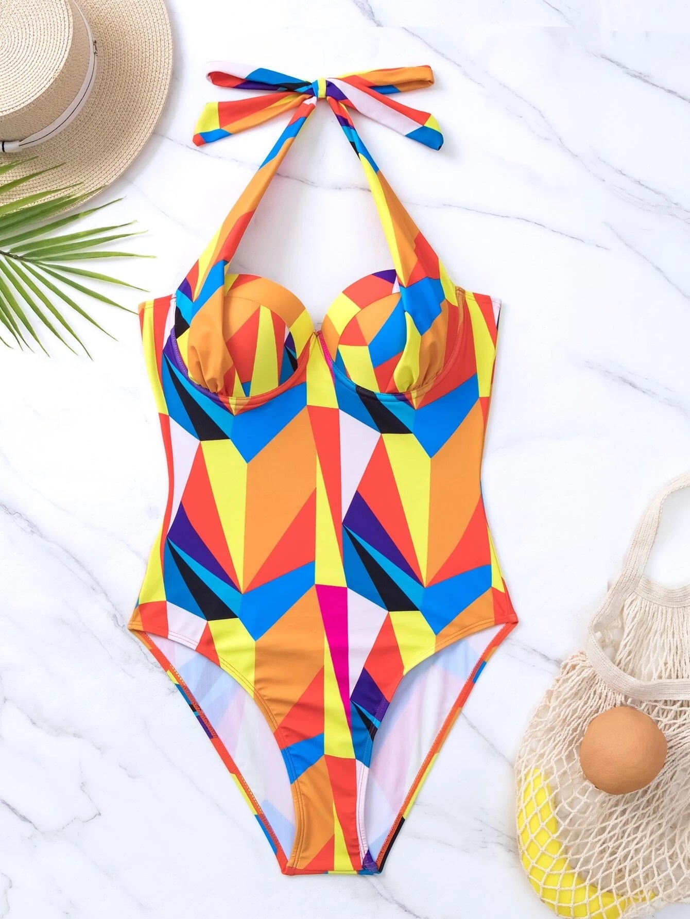 CM-SWS165212 Women Trendy Seoul Style Patchwork Print Push Up One Piece Swimsuit