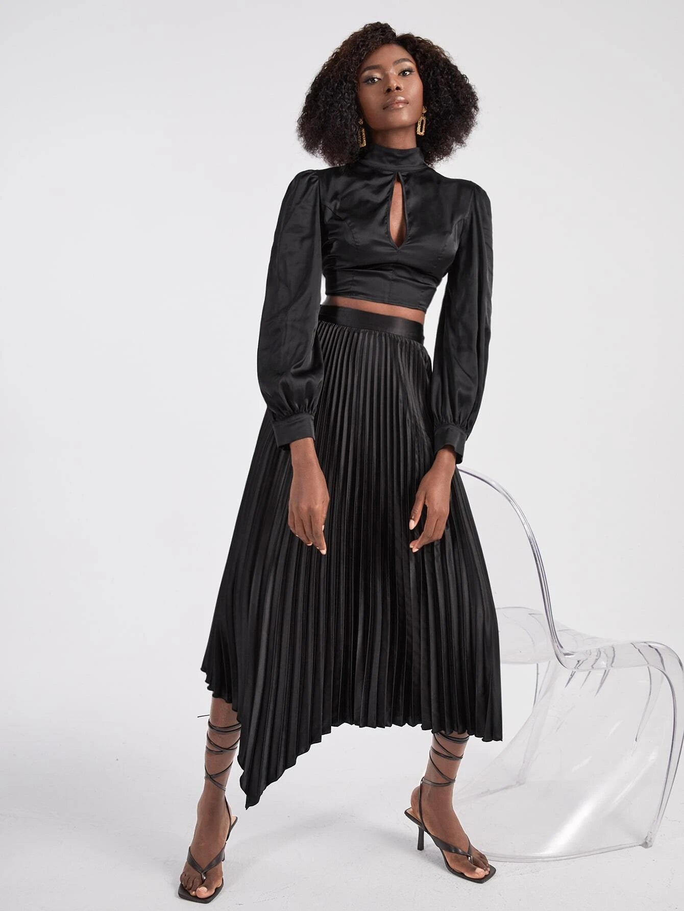 CM-BS477198 Women Elegant Seoul Style Asymmetrical Hem Pleated Skirt - Black