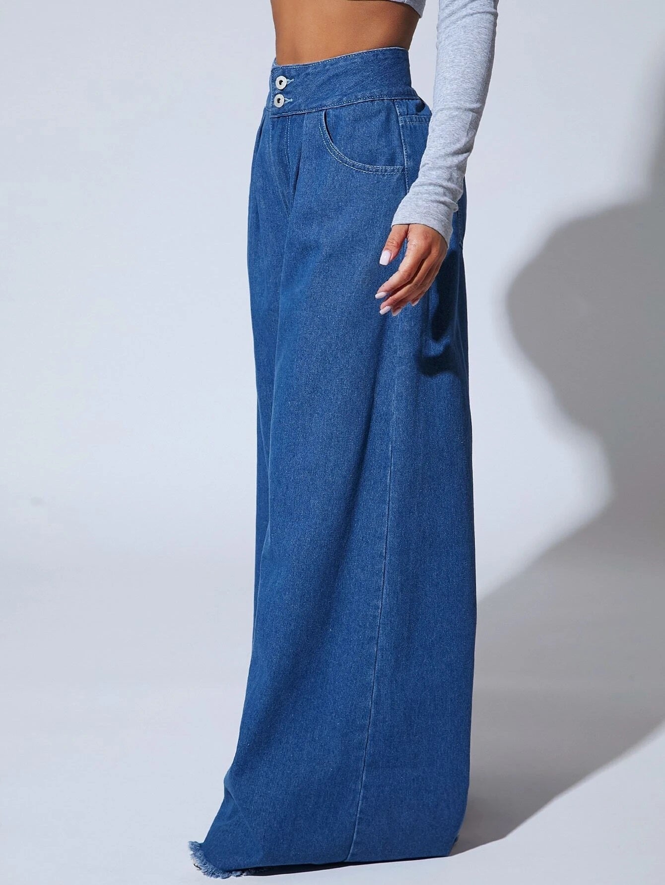 CM-BS478811 Women Preppy Seoul Style Medium Wash Raw Hem Wide Leg Jeans