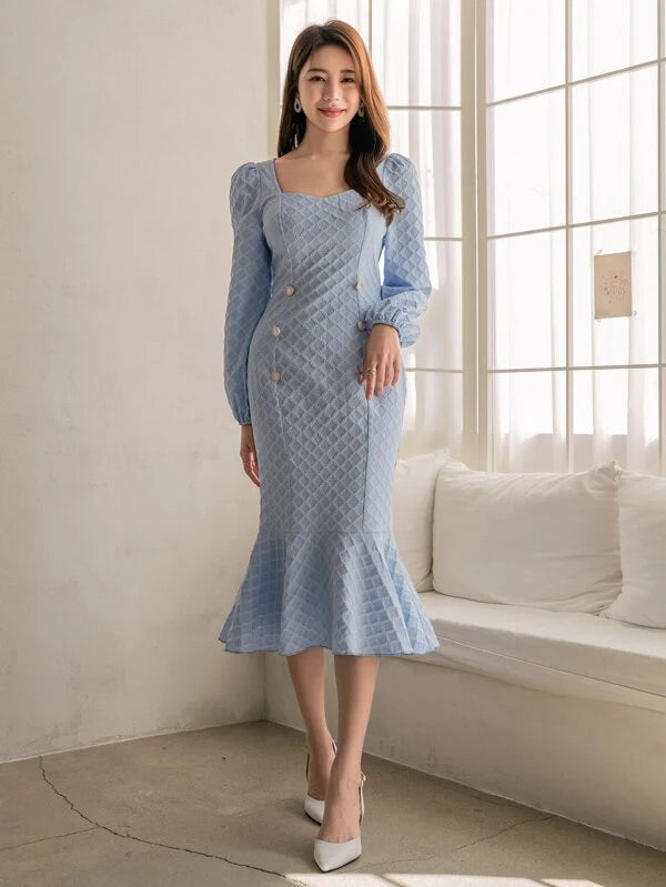 CM-DS179415 Women Elegant Seoul Style Square Neck Lantern Sleeve Mermaid Hem Jacquard Dress