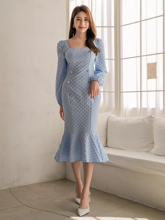 CM-DS179415 Women Elegant Seoul Style Square Neck Lantern Sleeve Mermaid Hem Jacquard Dress