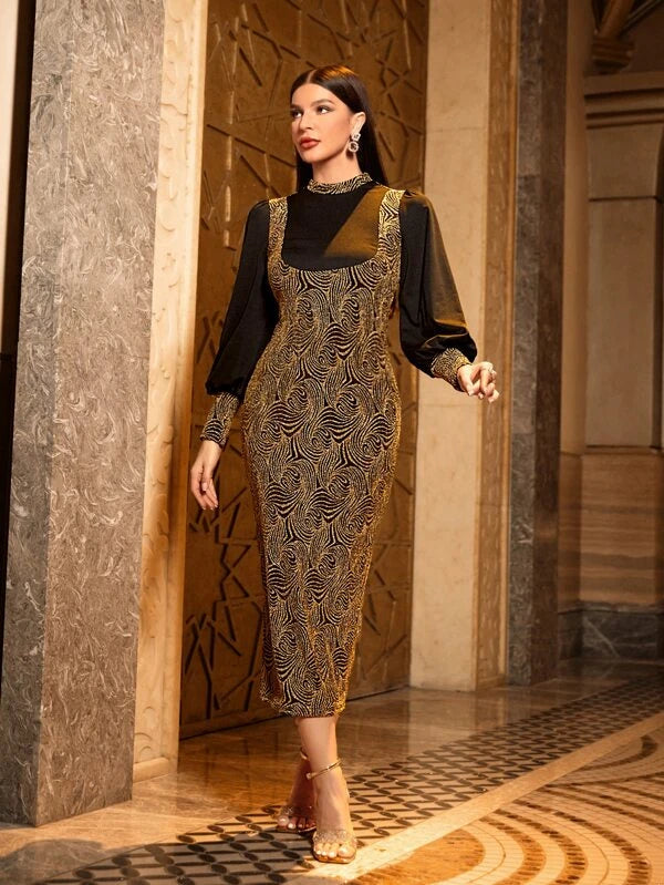 CM-DS444466 Women Elegant Seoul Style Graphic Print 2 In 1 Bishop Sleeve Dress