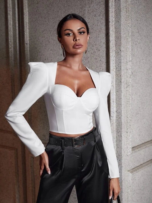 CM-TS505547 Women Elegant Seoul Style Sweetheart Neck Gigot Sleeve Crop Blouse - White