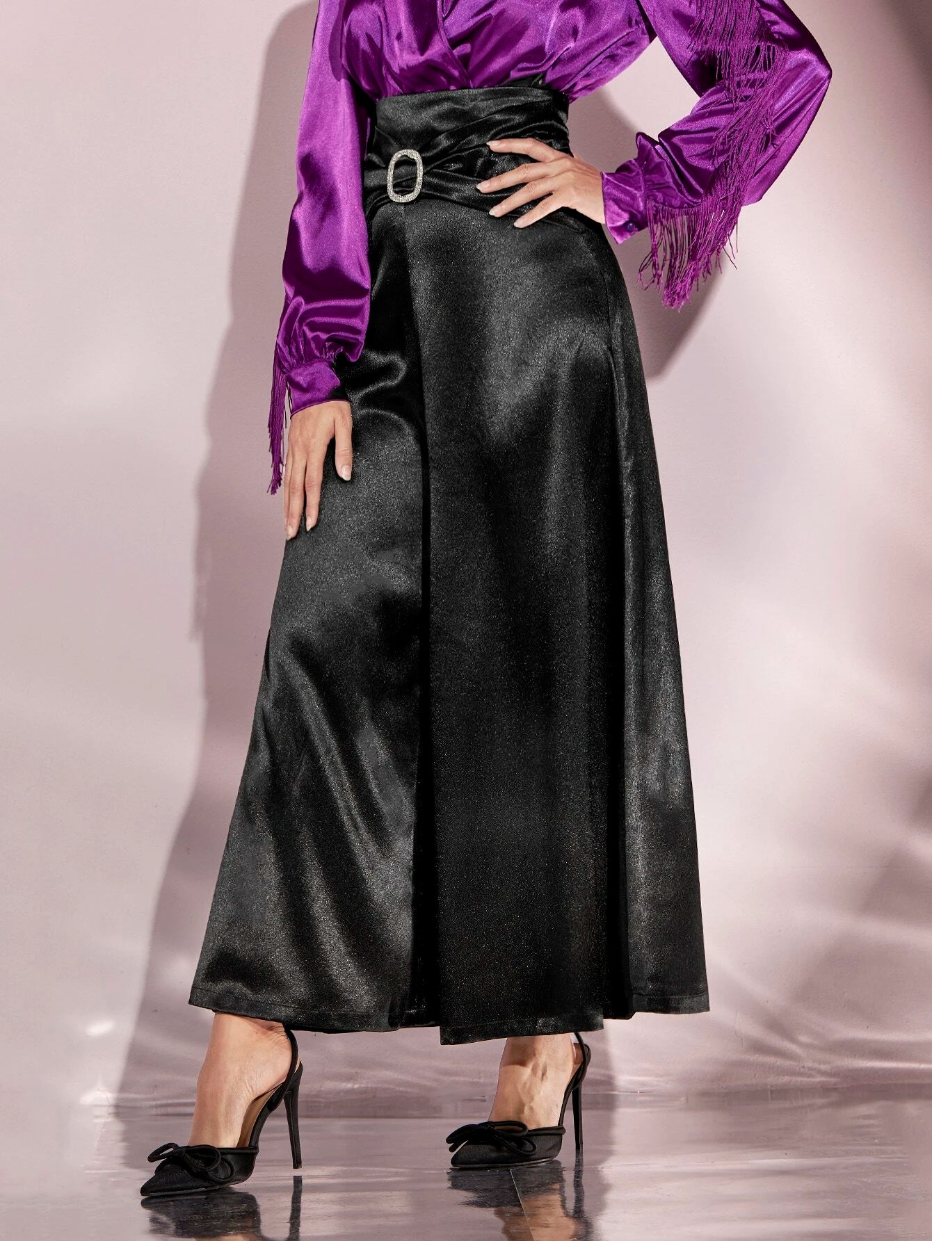 CM-BS688067 Women Elegant Seoul Style Rhinestone Buckle Front Wide Leg Satin Pants