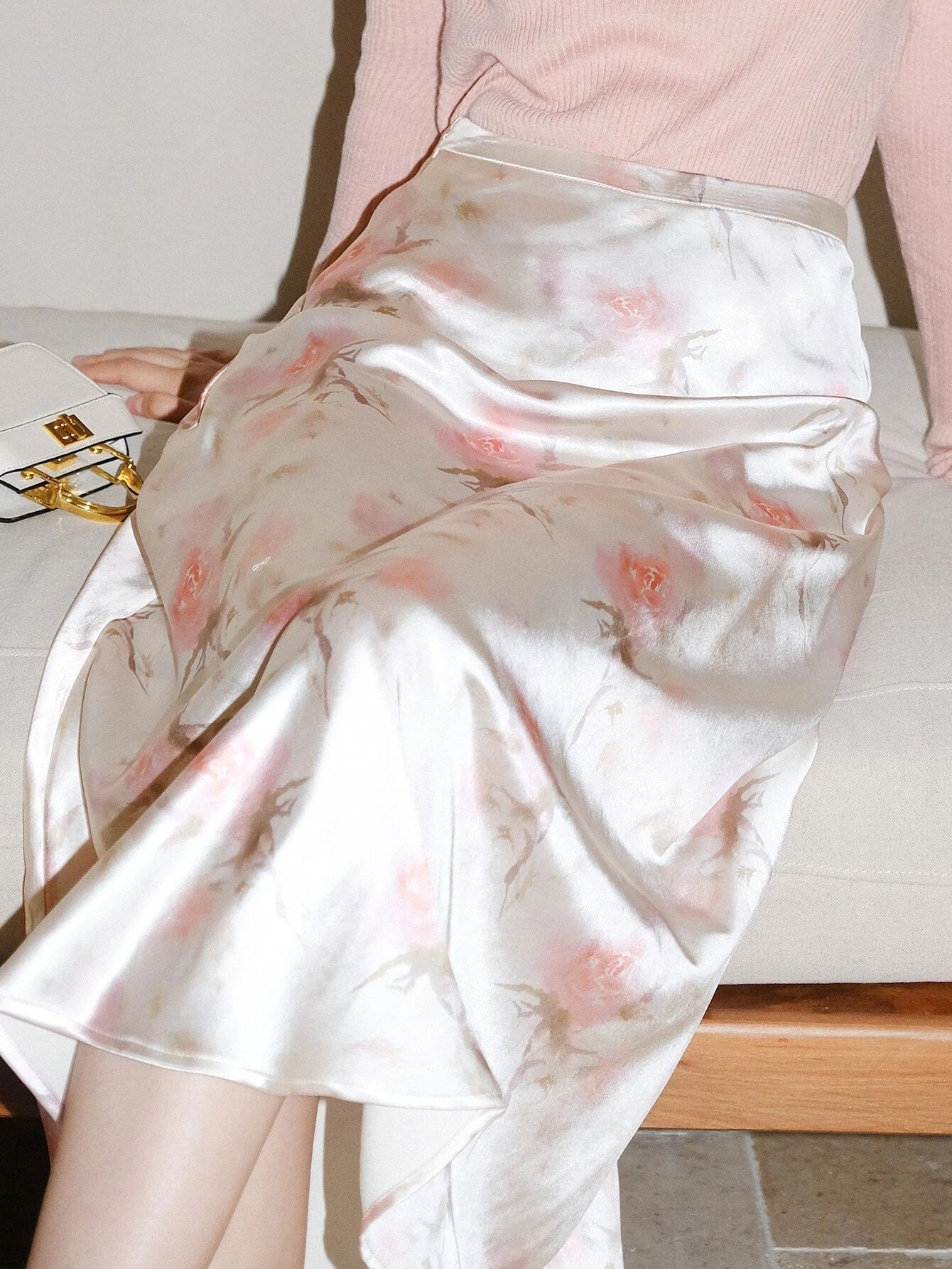 CM-BS070212 Women Elegant Seoul Style High Waist Floral Print Satin Skirt - Beige