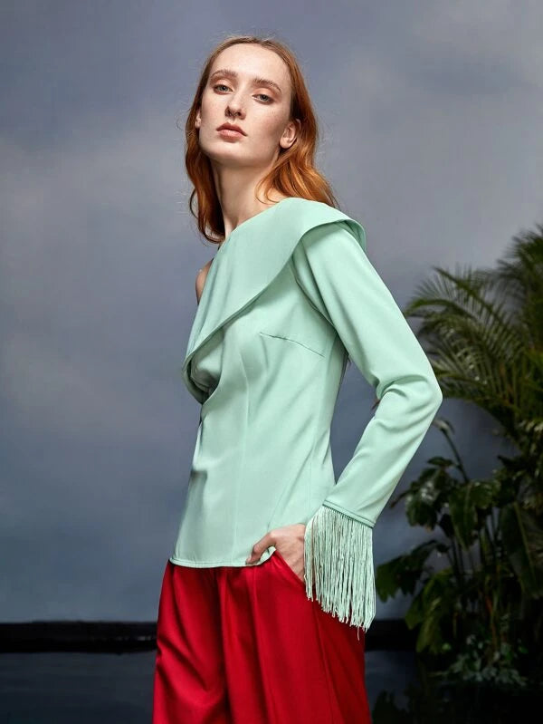 CM-TS521195 Women Elegant Seoul Style Asymmetrical Neck Fringe Trim Top - Mint Green
