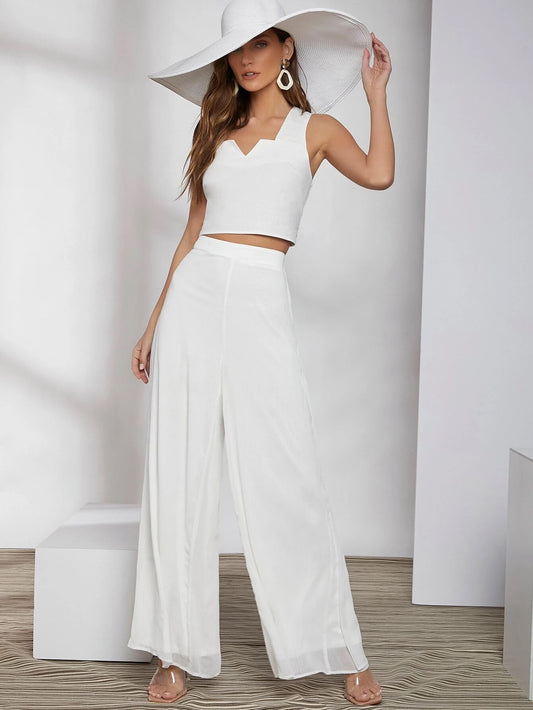 CM-BS113641 Women Trendy Bohemian Style High Waist Wide Leg Pants - White