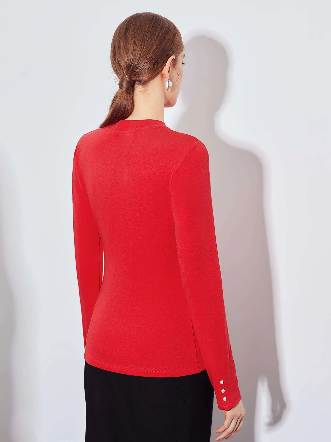CM-TS599930 Women Elegant Seoul Style Mock Neck Gathered Long Sleeve Shirt - Red