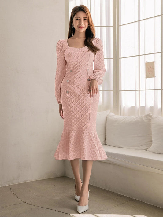 CM-DS418182 Women Elegant Seoul Style Square Neck Lantern Sleeve Mermaid Hem Jacquard Dress