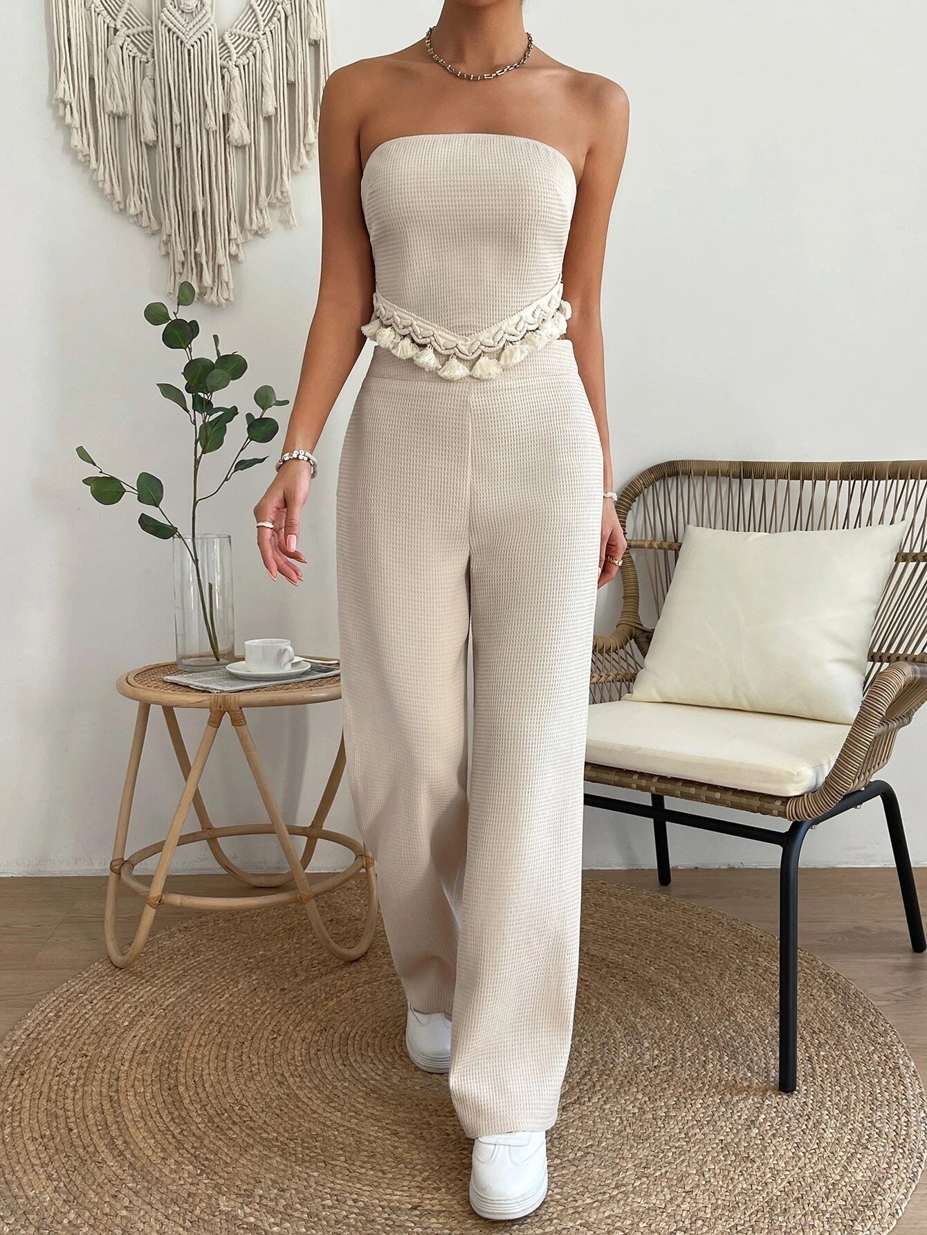 CM-SS839073 Women Casual Seoul Style Tassel Hem Tie Back Tube Top With Wide Leg Pants - Set