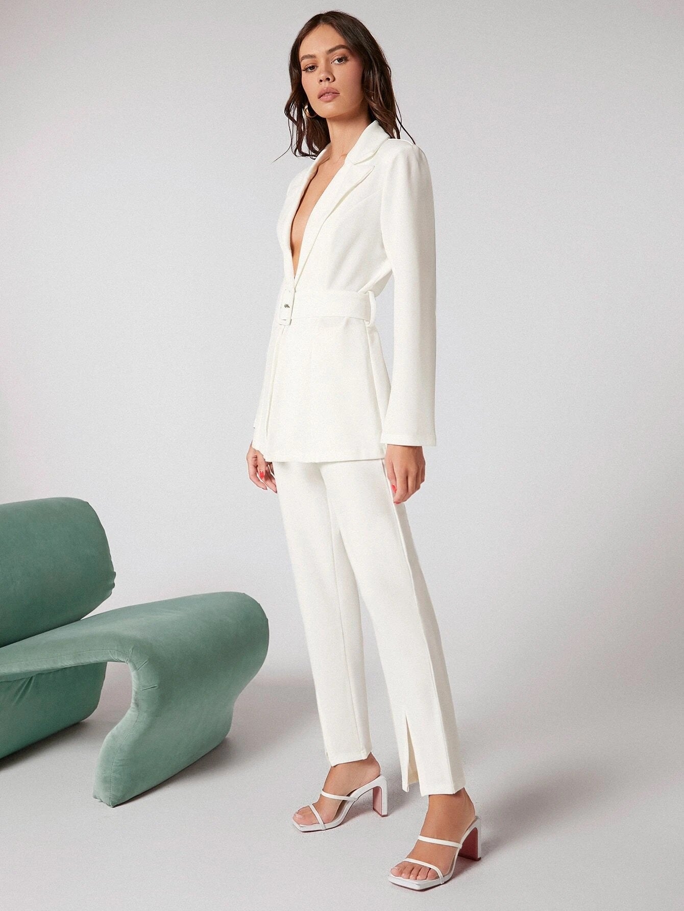 CM-SS639608 Women Elegant Seoul Style Grommet Buckle Belted Blazer With Pants Suit - Set