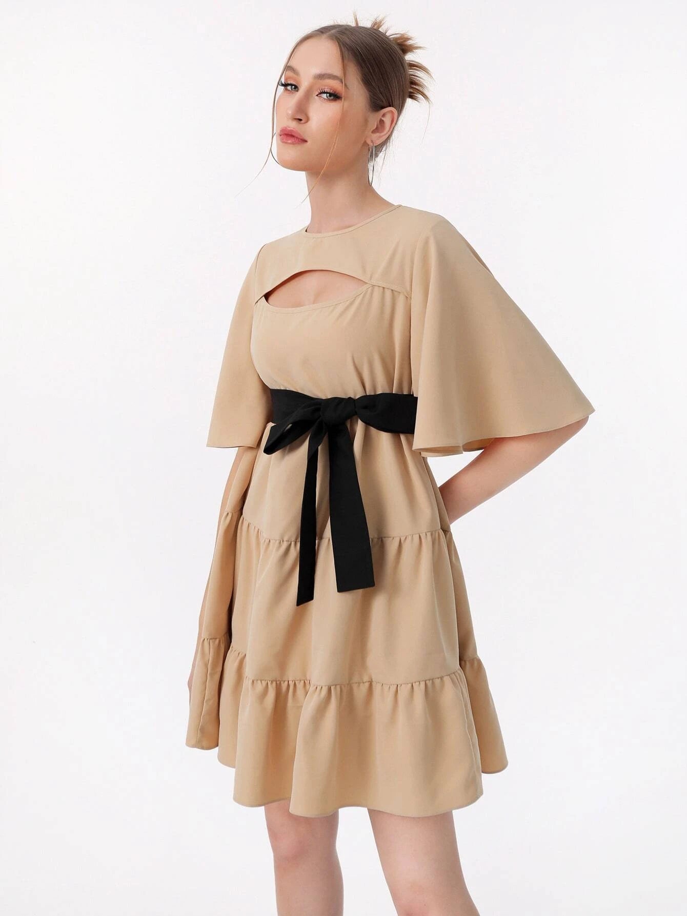 CM-DS558859 Women Elegant Seoul Style Cut Out Butterfly Sleeve Ruffle Hem Belted Dress