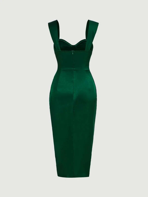 CM-DS104150 Women Elegant Seoul Style Bustier Ruched Wrap Hem Dress - Dark Green