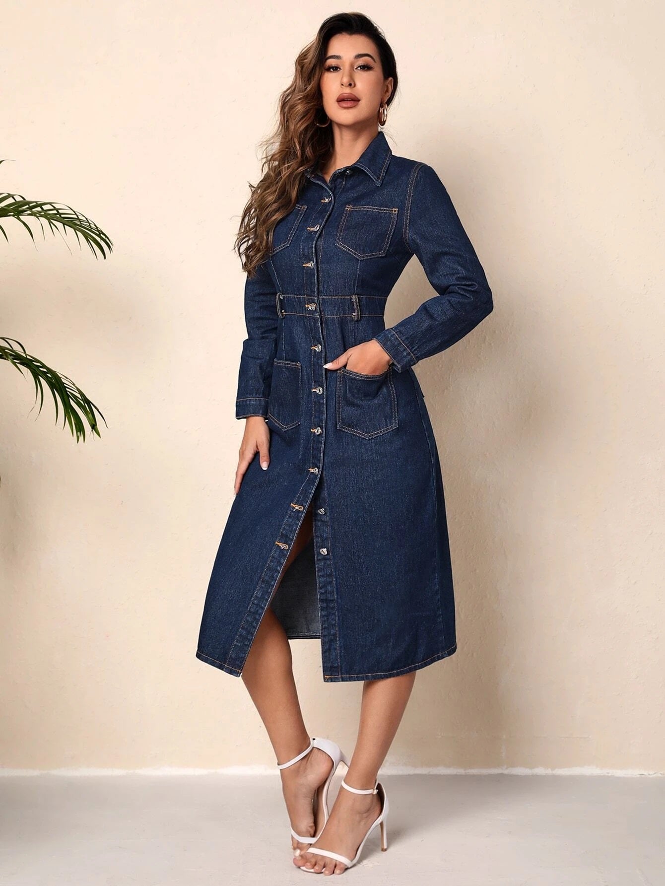 CM-DS693580 Women Preppy Seoul Style Dark Wash Dual Pocket Button Front Denim Dress