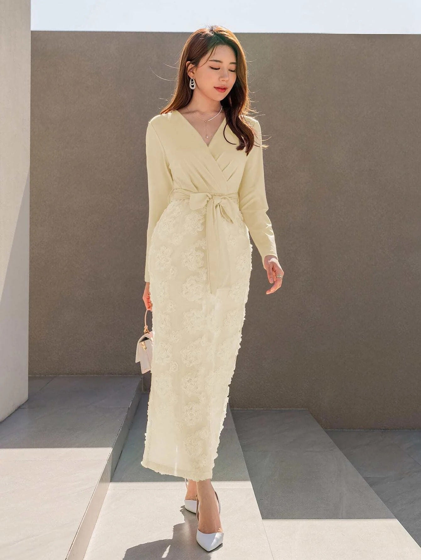 CM-DS618786 Women Elegant Seoul Style Floral Jacquard Split Back Belted Dress - Apricot