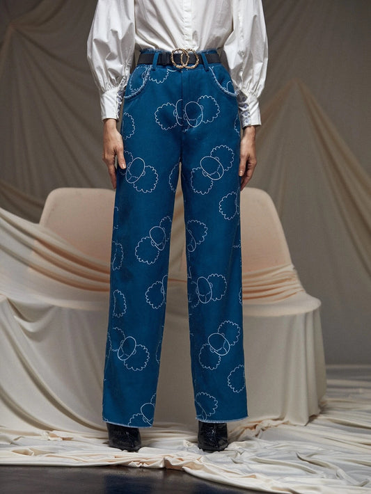 CM-BS947340 Women Casual Seoul Style Graphic Print Raw Hem Wide Leg Pants - Blue