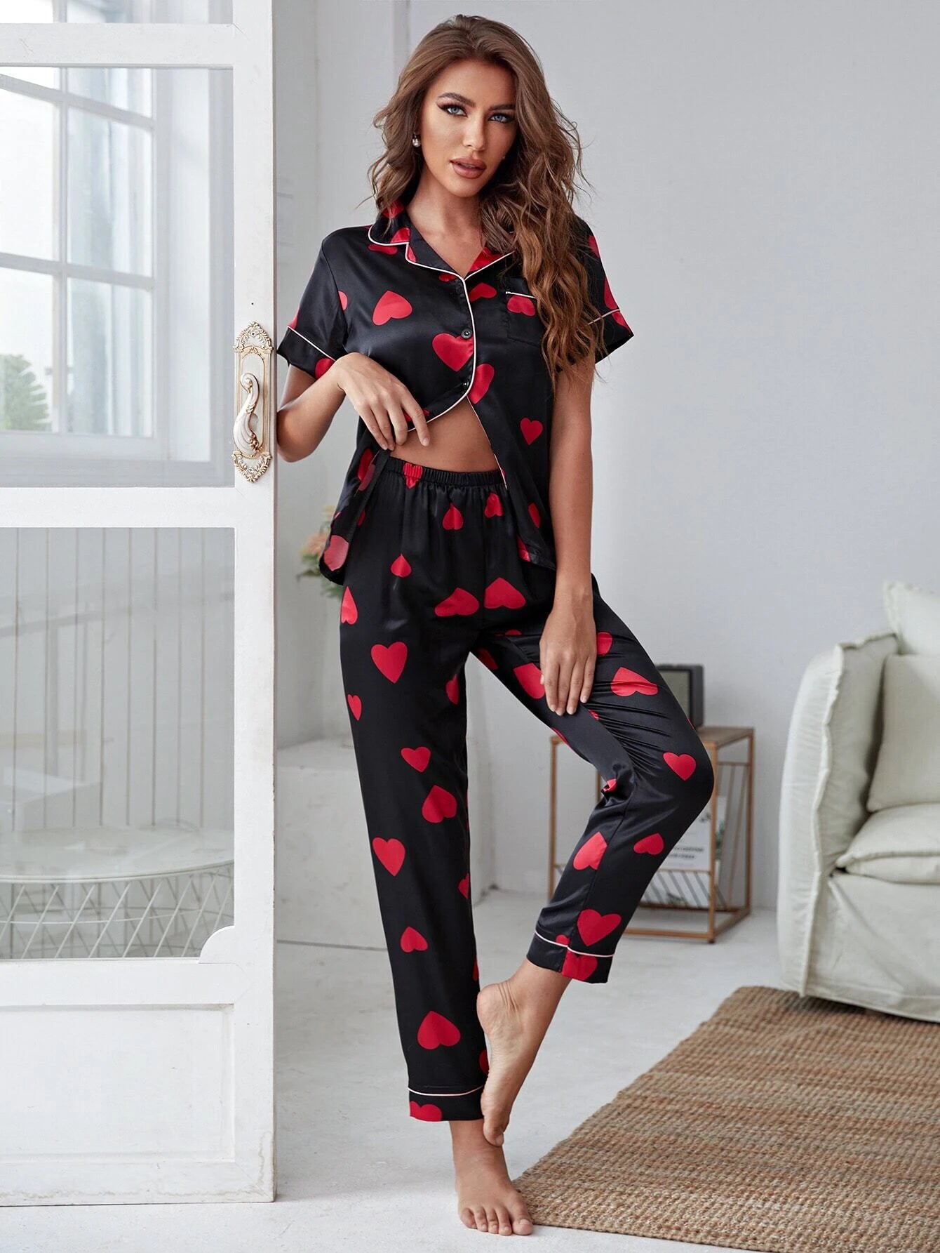 CM-LS416735 Women Trendy Seoul Style Satin Allover Heart Print Night Set - Black