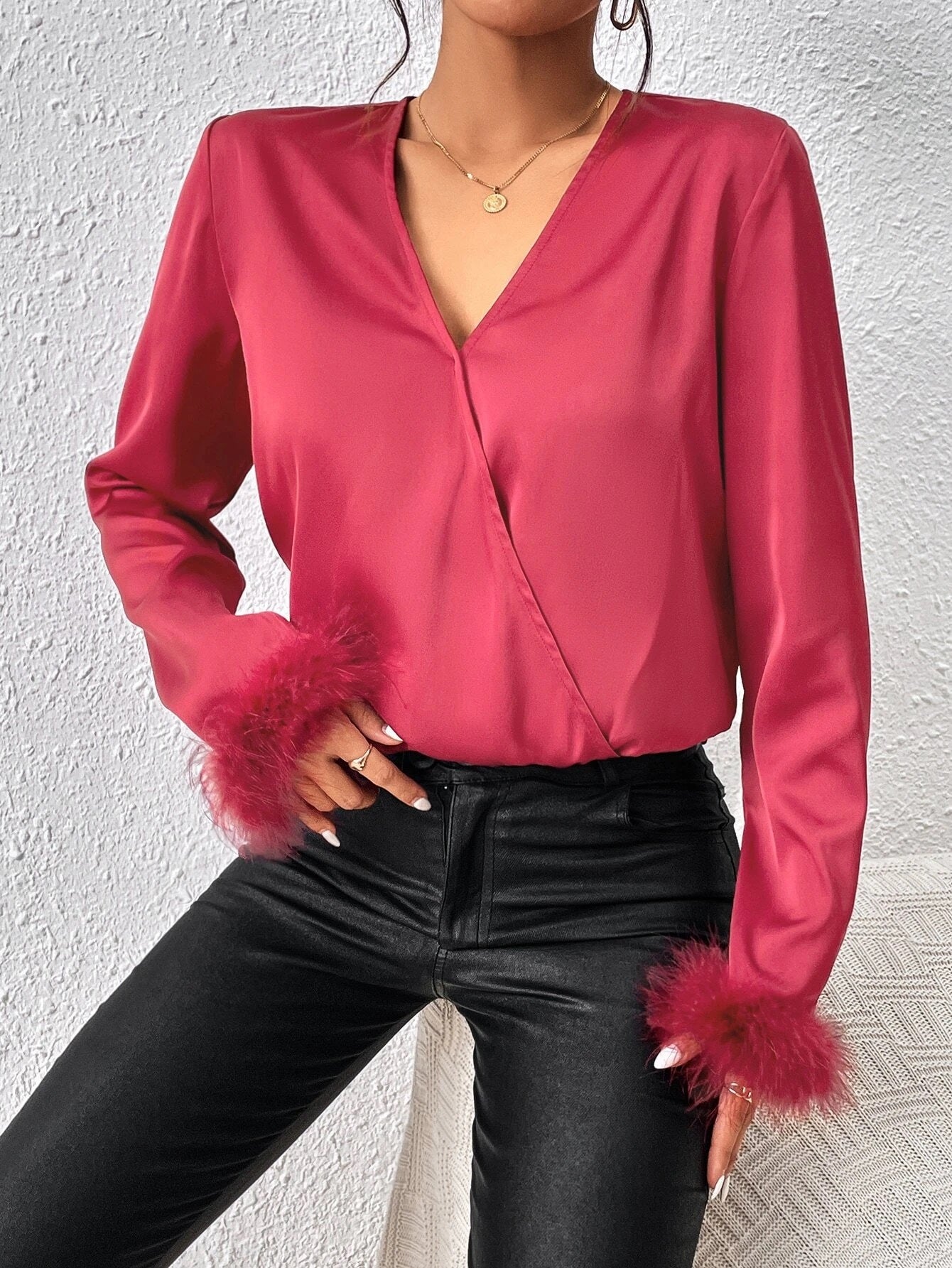 CM-TS802212 Women Casual Seoul Style Fuzzy Cuff Surplice Neck Bodysuit - Red