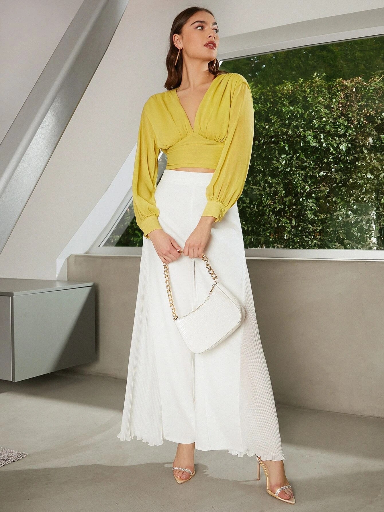 CM-BS109991 Women Elegant Seoul Style High Waist Pleated Panel Wide Leg Pants - White