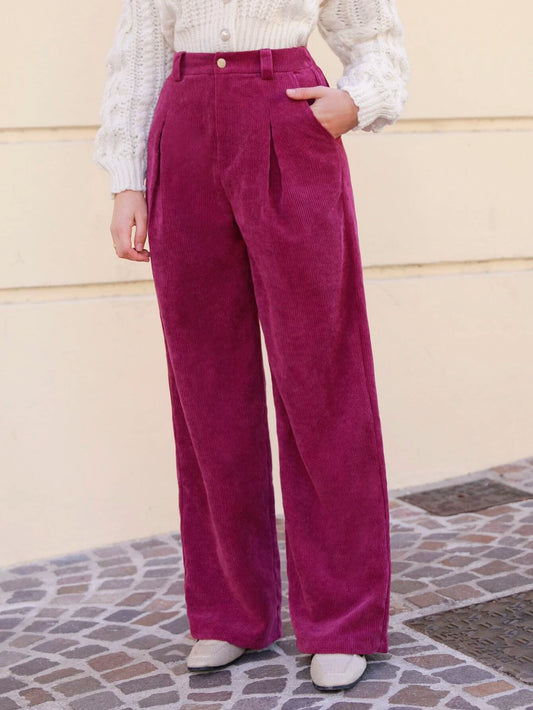 CM-BS034643 Women Casual Seoul Style High Waist Fold Pleated Corduroy Pants