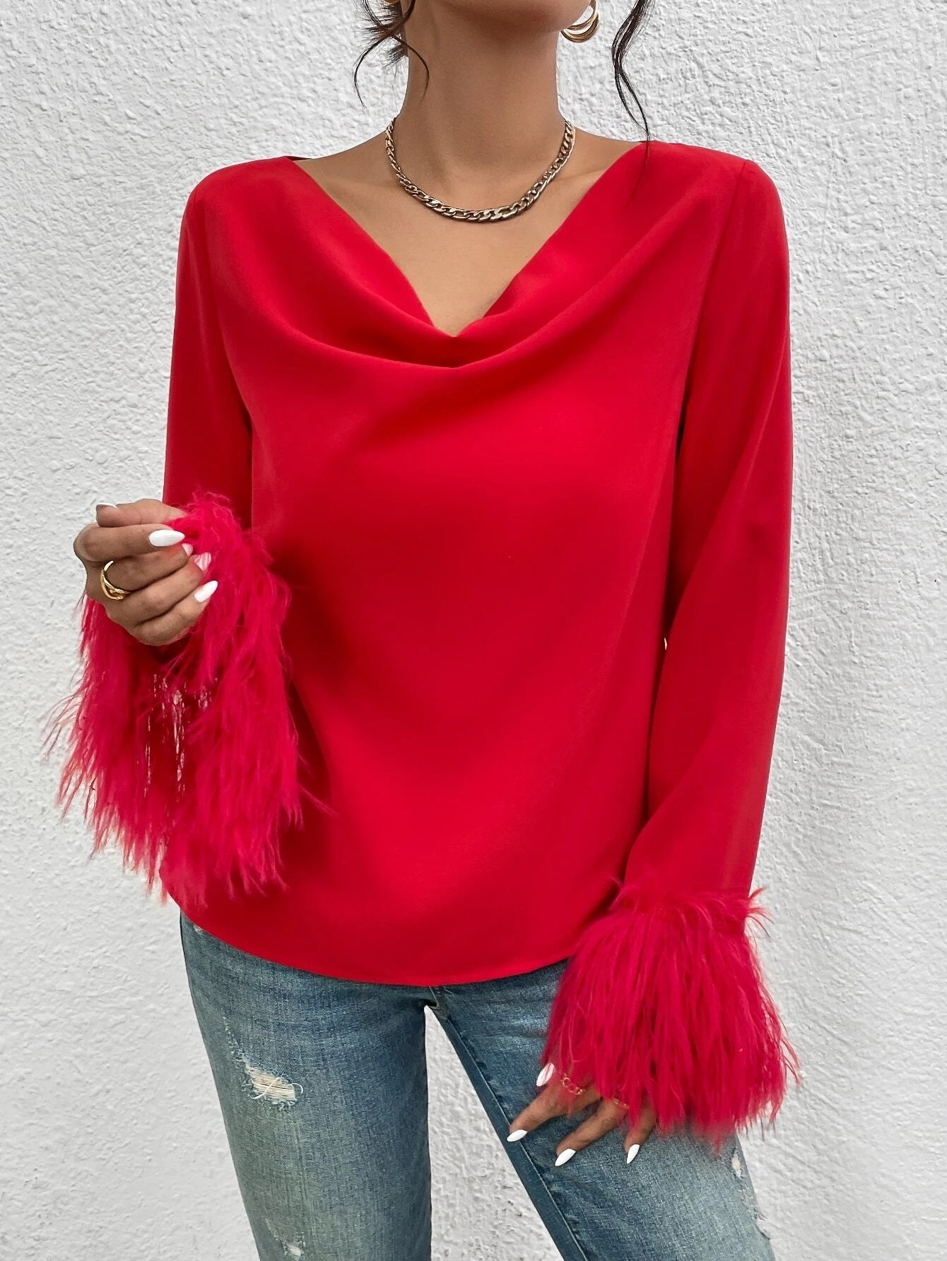 CM-TS875687 Women Elegant Seoul Style Draped Collar Fuzzy Cuff Blouse - Red