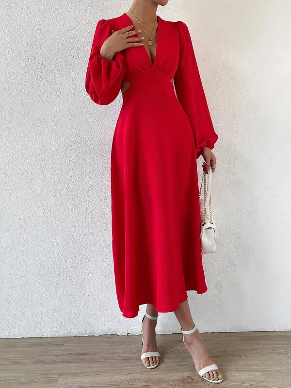 CM-DS303110 Women Elegant Seoul Style Plunging Neck Cut Out Waist Bishop Sleeve Dress