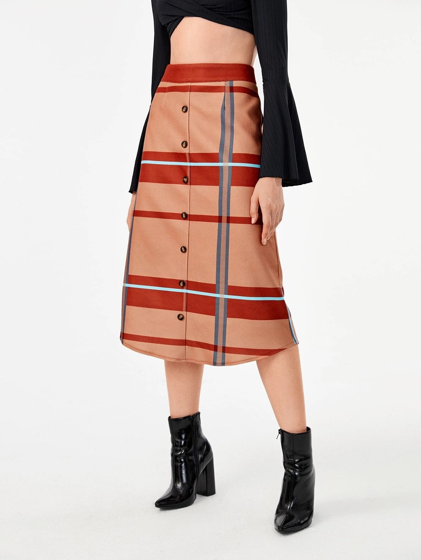 CM-BS778887 Women Casual Seoul Style High Waist Button Front Plaid Skirt