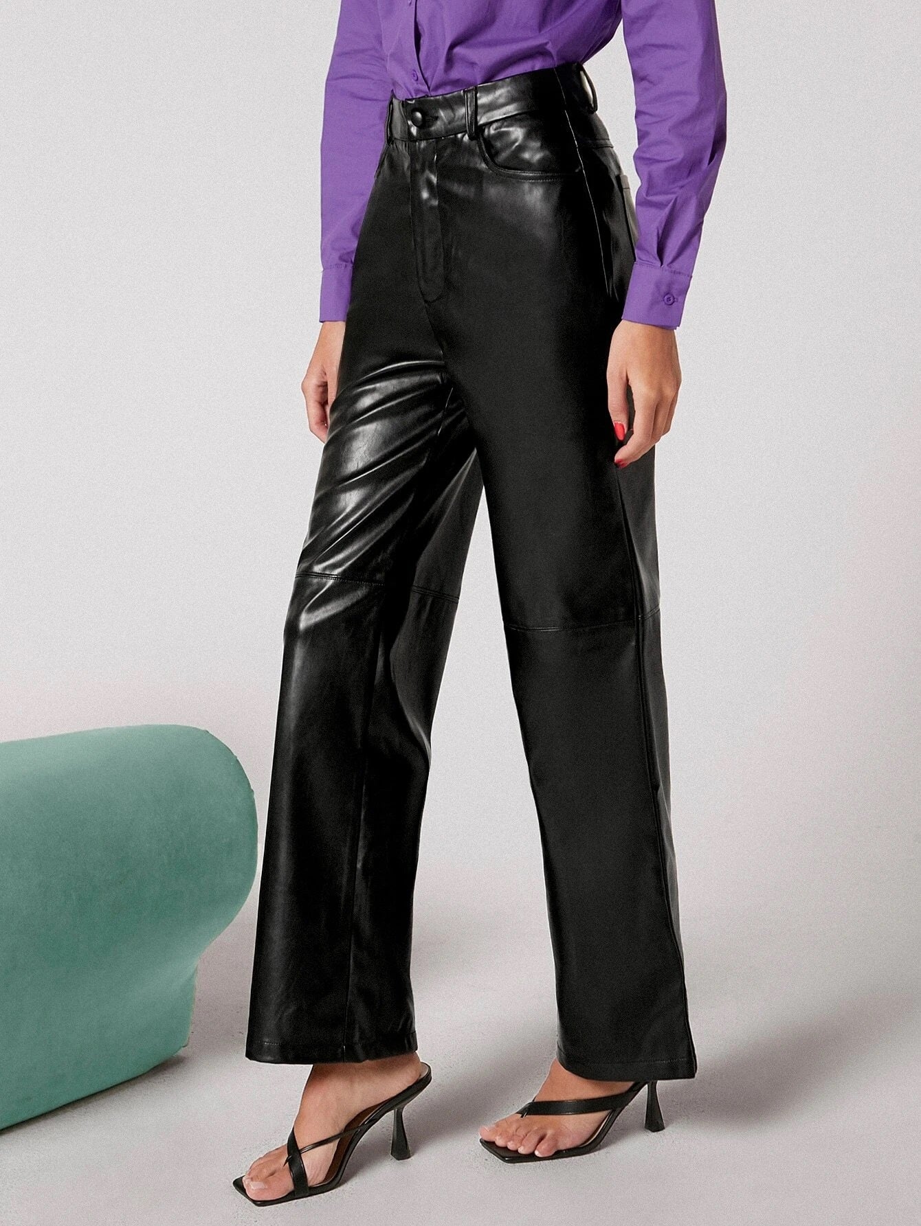 CM-BS111339 Women Elegant Seoul Style Zipper Fly Palazzo PU Pants - Black