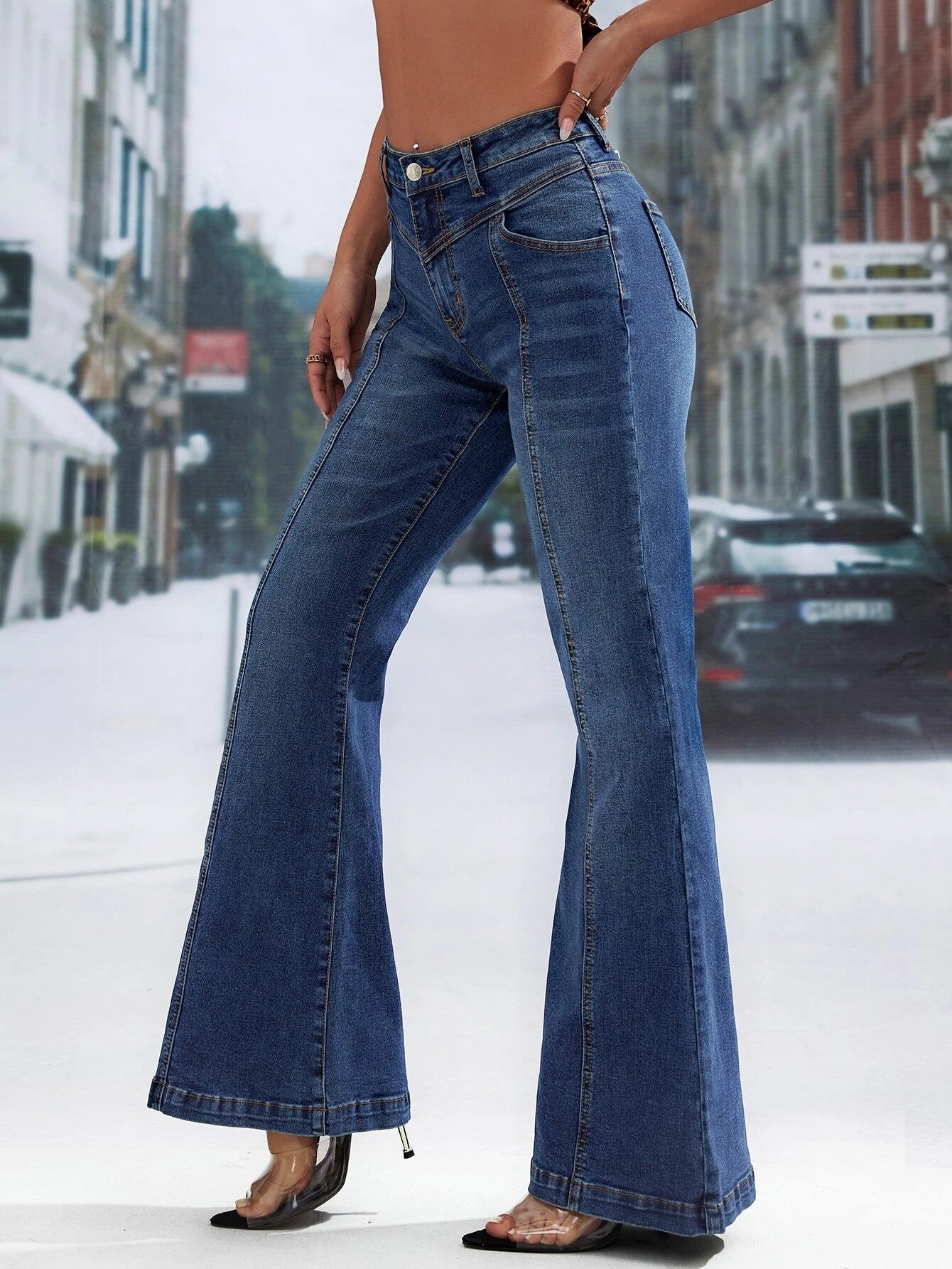 CM-BS191625 Women Preppy Seoul Style Dark Wash Button Fly Flare Leg Jeans