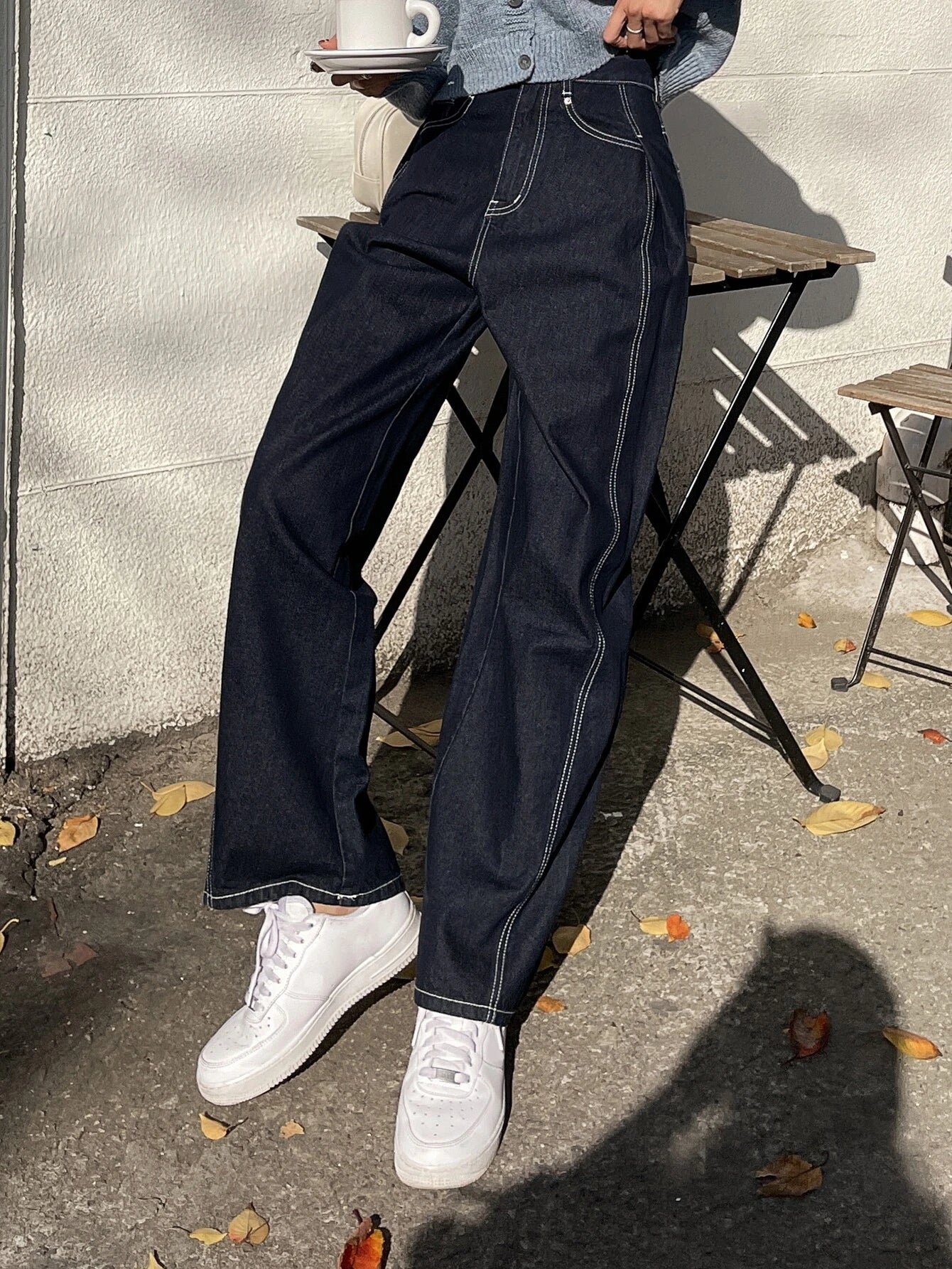 CM-BS180087 Women Casual Seoul Style Dark Wash Top-Stitching Wide Leg Jeans