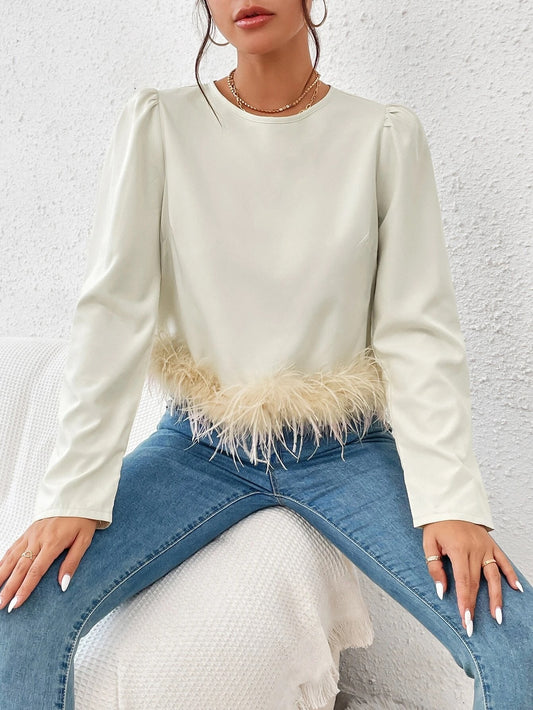 CM-TS987778 Women Elegant Seoul Style Puff Sleeve Fuzzy Trim Blouse - Beige