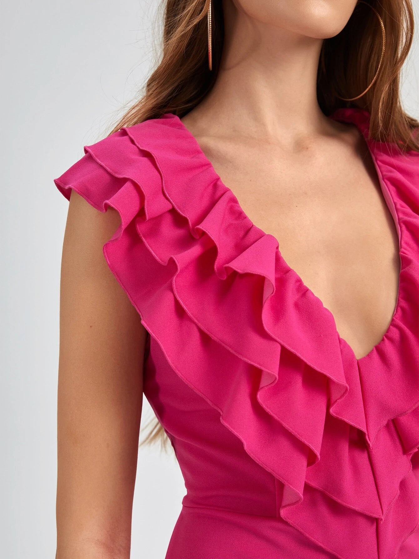 CM-DS282223 Women Elegant Seoul Style Layered Ruffle Trim Split Back Fitted Dress - Hot Pink